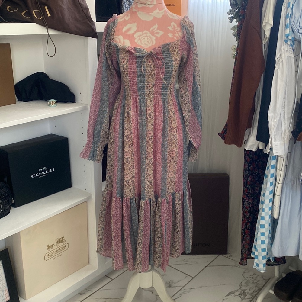 Vintage Patty O’Neil Whimsical Off Shoulder Swirl Floral Print Midi Dress Size S